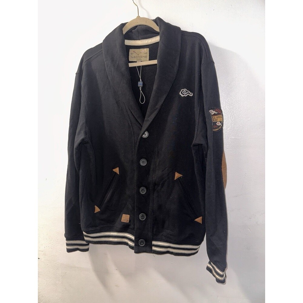 LEONINE Men’s Black Cotton Varsity Jacket, Button, Pockets, Leather Trim, M